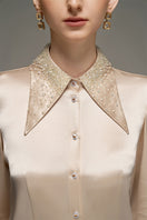 Beige satin shirt and skirt co-ords set by I.H.F Studio, slim-fit shirt with statement cuff details.