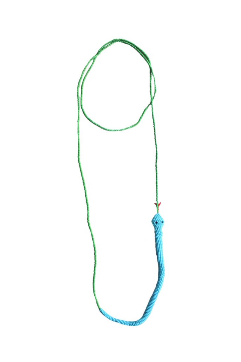 Blue Snake Totem Necklace by Pájara Pinta featuring a detailed snake design on a sleek necklace chain.