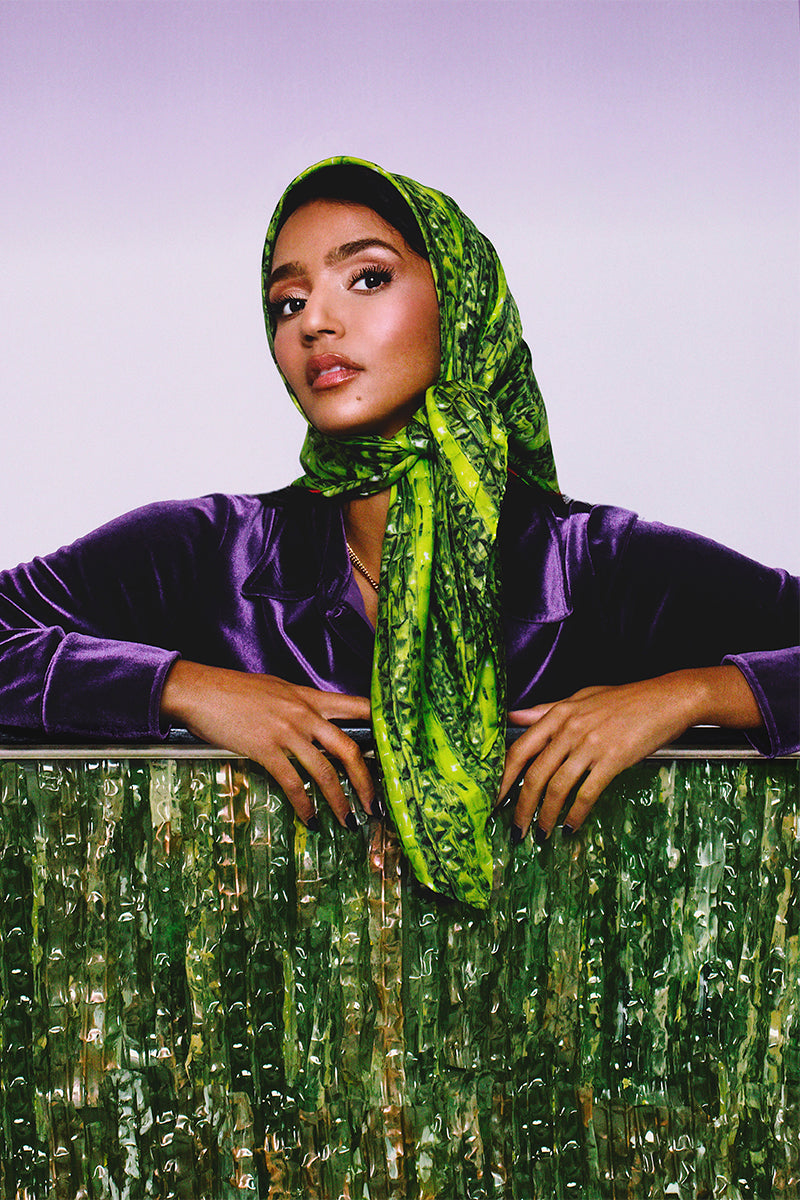 Amel Batita SNAQ BROCOT silk scarf featuring intricate patterns, displayed flat with vibrant colors and detailed design.