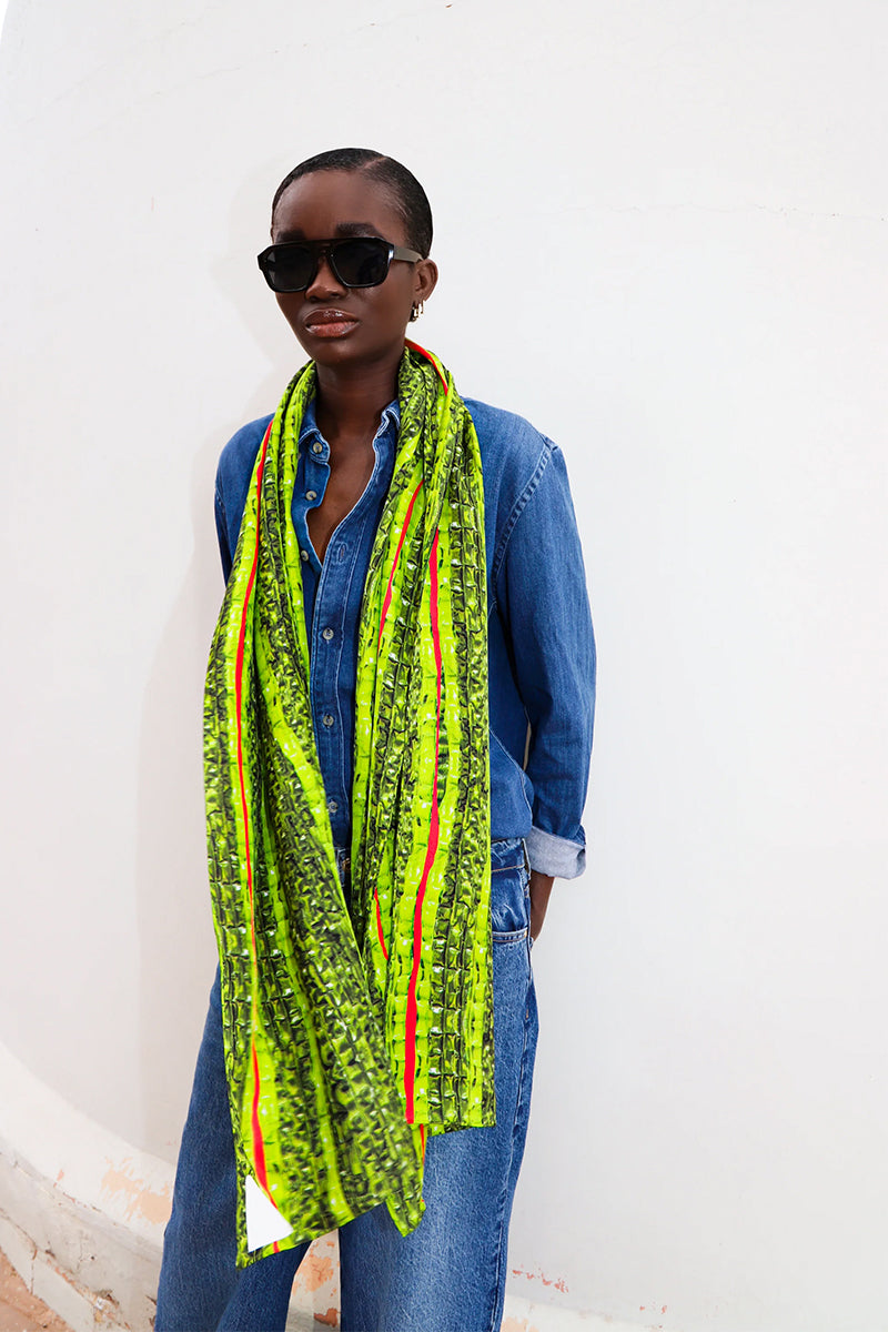 Amel Batita SNAQ Brocot silk scarf featuring intricate brocot pattern, draped elegantly to showcase luxurious fabric and detailed design.