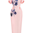 Soft pink orchid sculpted-sleeve pegged midi dress by Tiny Ink, featuring a fitted bodice and elegant design.