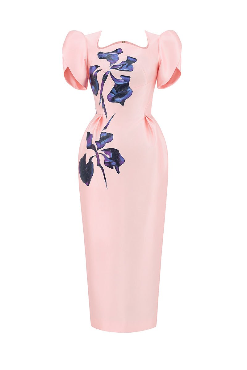 Soft pink orchid sculpted-sleeve pegged midi dress by Tiny Ink, featuring a fitted bodice and elegant design.