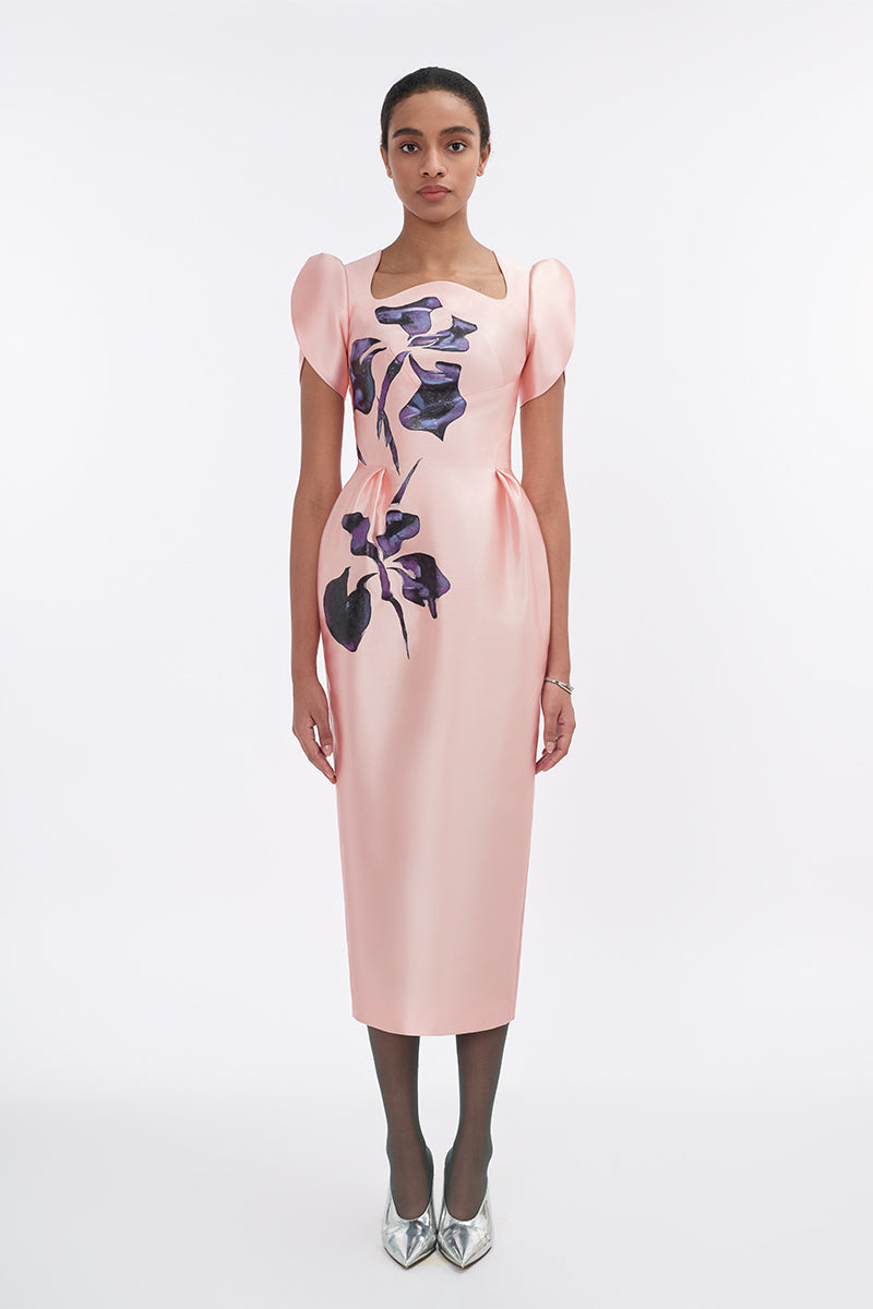 Soft pink orchid sculpted-sleeve pegged midi dress by Tiny Ink, featuring a fitted silhouette and elegant design.