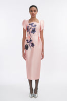 Soft pink orchid sculpted-sleeve pegged midi dress by Tiny Ink, featuring a fitted silhouette and elegant design.