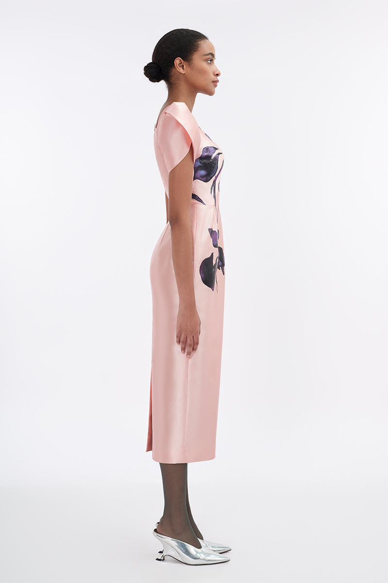 Soft pink orchid sculpted-sleeve pegged midi dress by Tiny Ink, featuring a fitted silhouette and elegant design.