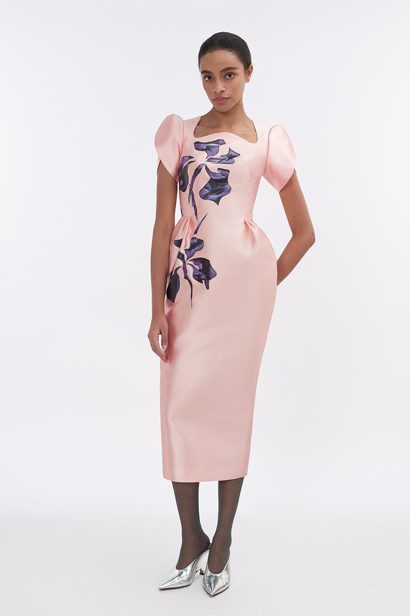 Soft pink orchid sculpted-sleeve pegged midi dress by Tiny Ink, featuring a fitted waist and elegant design, shown on a model.