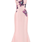 Soft pink orchid V-neck mermaid maxi dress by Tiny Ink, flowing fabric with fitted bodice and elegant skirt.