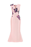 Soft pink orchid V-neck mermaid maxi dress by Tiny Ink, flowing fabric with fitted bodice and elegant skirt.