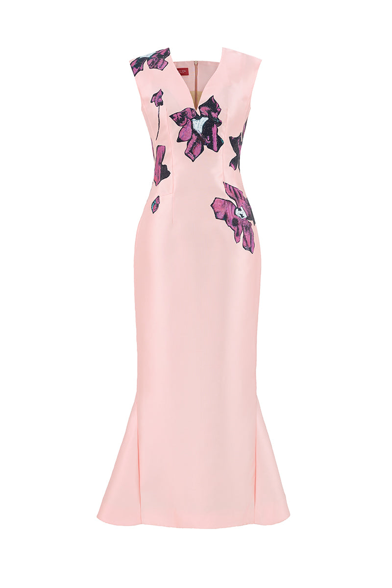 Soft pink orchid V-neck mermaid maxi dress by Tiny Ink, flowing fabric with fitted bodice and elegant skirt.