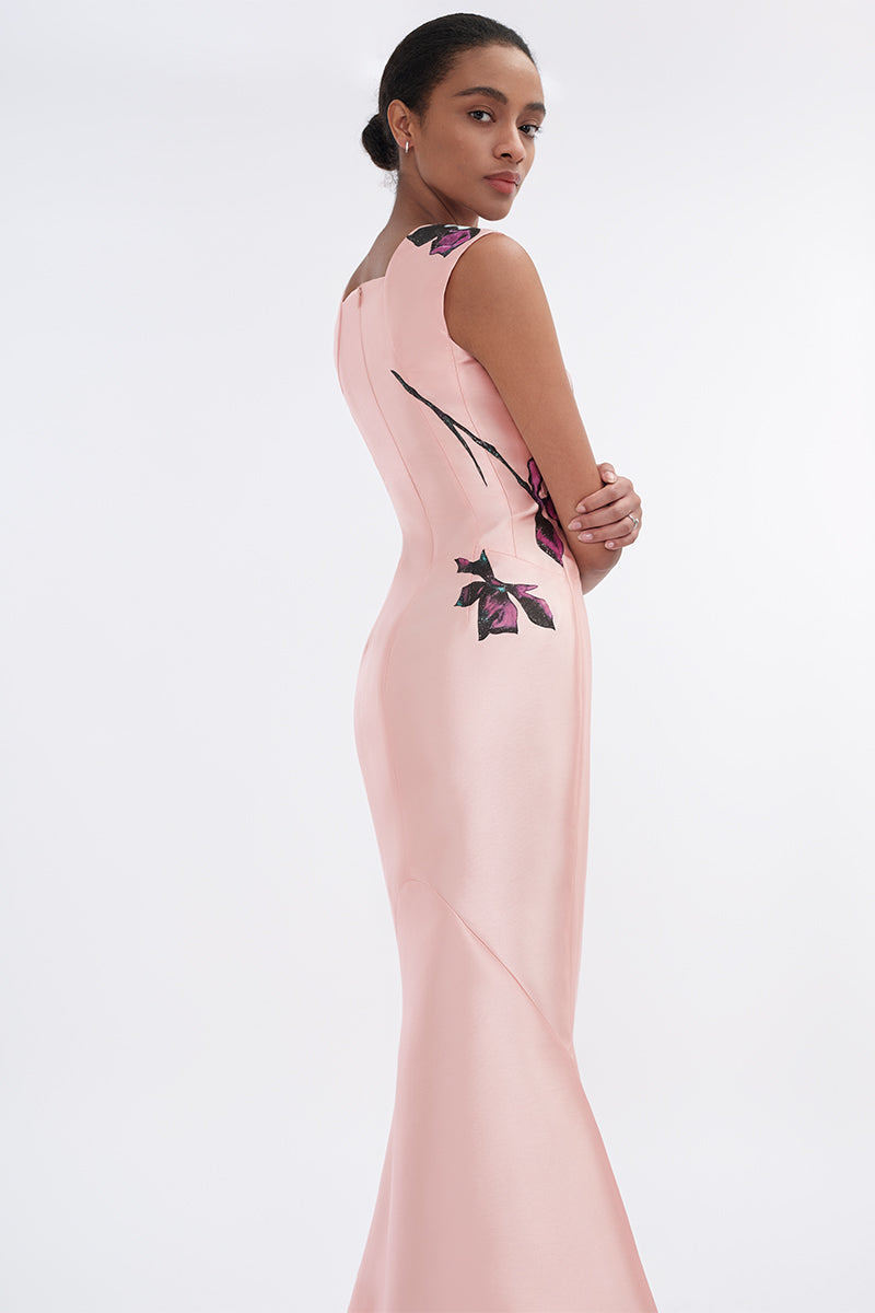 Soft pink orchid V-neck mermaid maxi dress by Tiny Ink, featuring a flowing silhouette and elegant design.