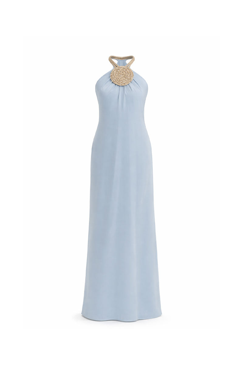 Baby blue Solara halterneck maxi dress by Maylé Vásquez, featuring elegant design and flowing fabric, perfect for special occasions.