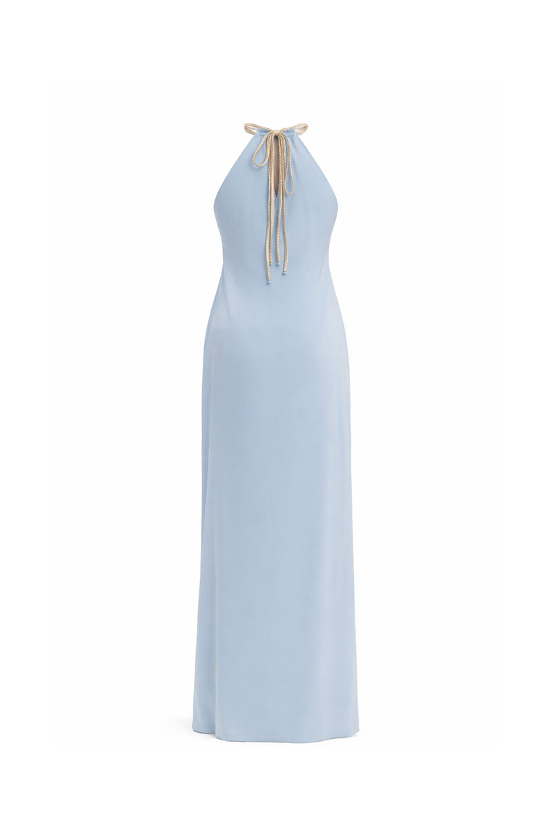 Baby blue Solara halterneck maxi dress by Maylé Vásquez, flowy fabric with a stylish halterneck design.