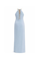 Baby blue Solara halterneck maxi dress by Maylé Vásquez, flowing fabric and elegant design perfect for summer occasions.
