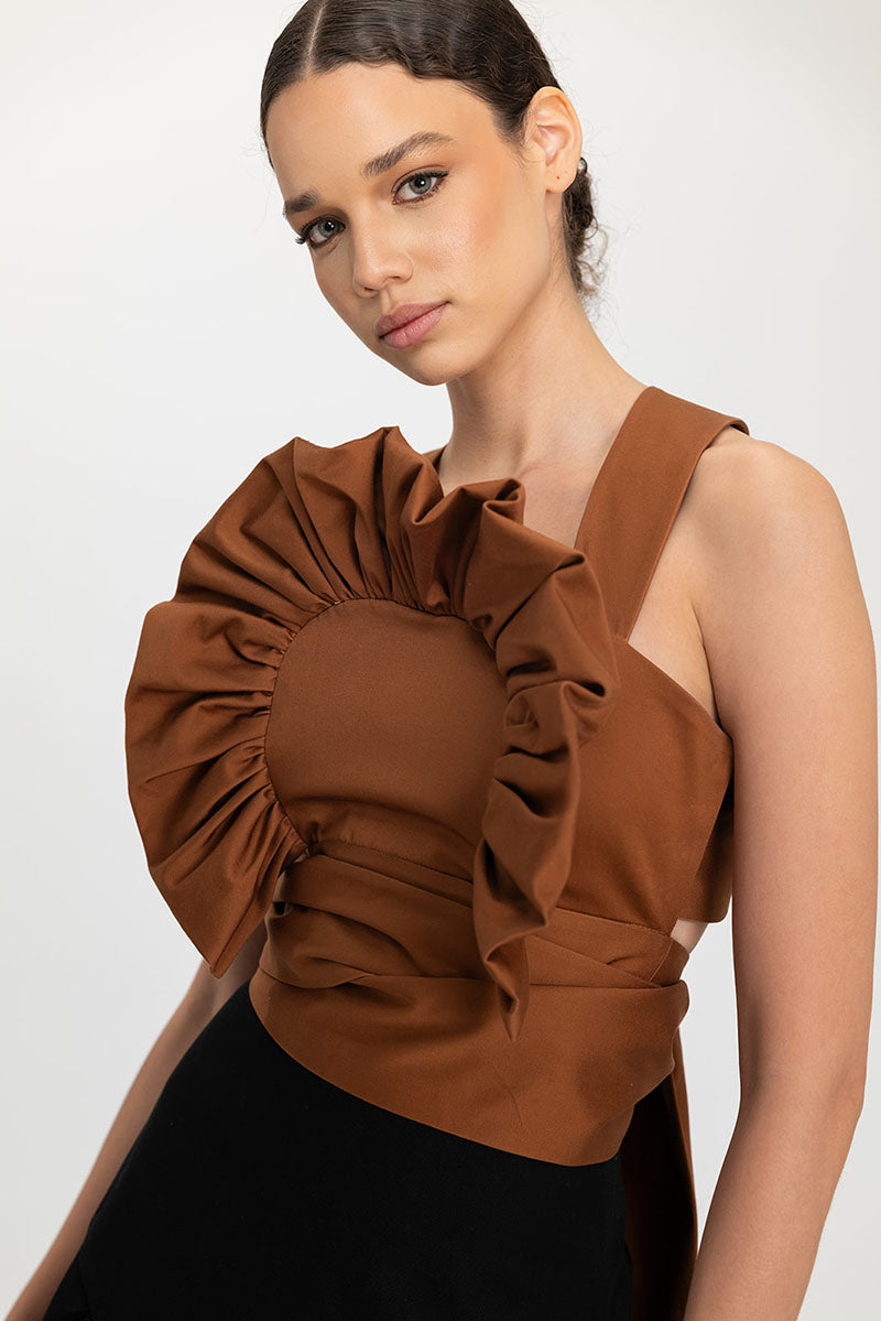 Ana + Maria Sole crop top in glazed ginger color, stylish tops with a fitted design and textured fabric detail.