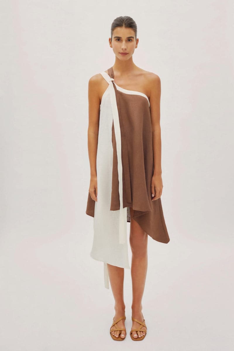 SOLEIL TWO-TONE LINEN BELT DRESS - CULT MIA