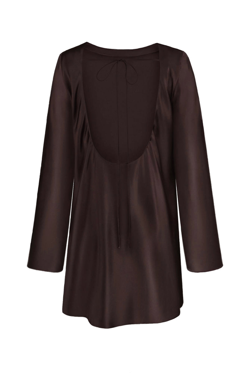 SOLOMIA ESPRESSO BOAT-NECK SILK-SATIN MINI DRESS - CULT MIA