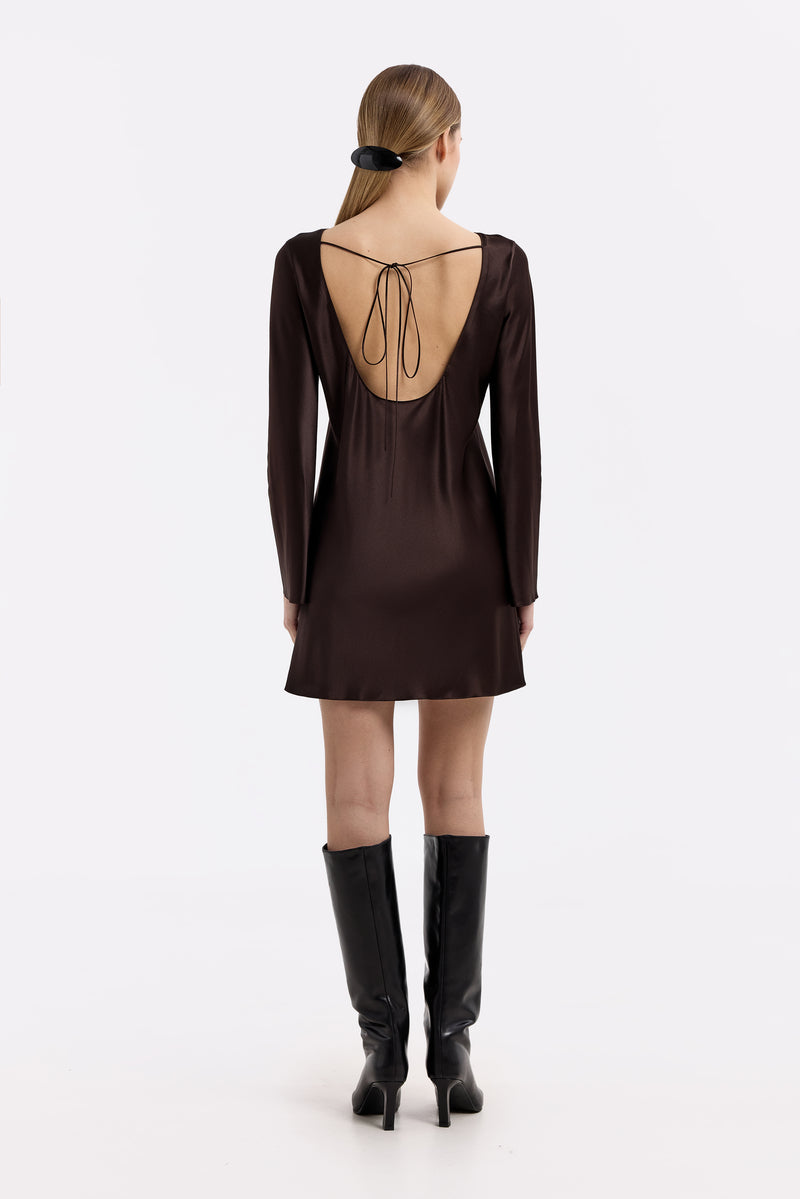 SOLOMIA ESPRESSO BOAT-NECK SILK-SATIN MINI DRESS - CULT MIA