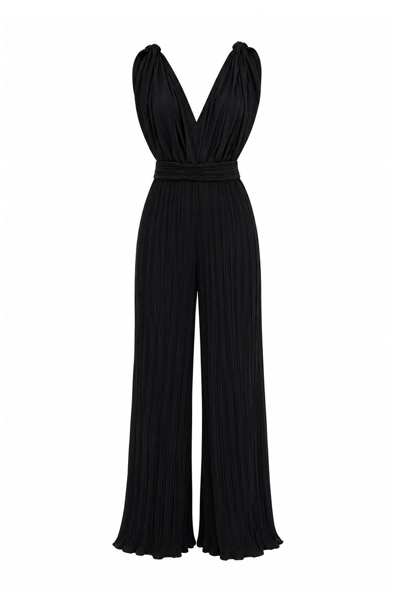 Black Sombra Palma jumpsuit by Maylé Vásquez, featuring a stylish, fitted design and elegant wide-leg pants.