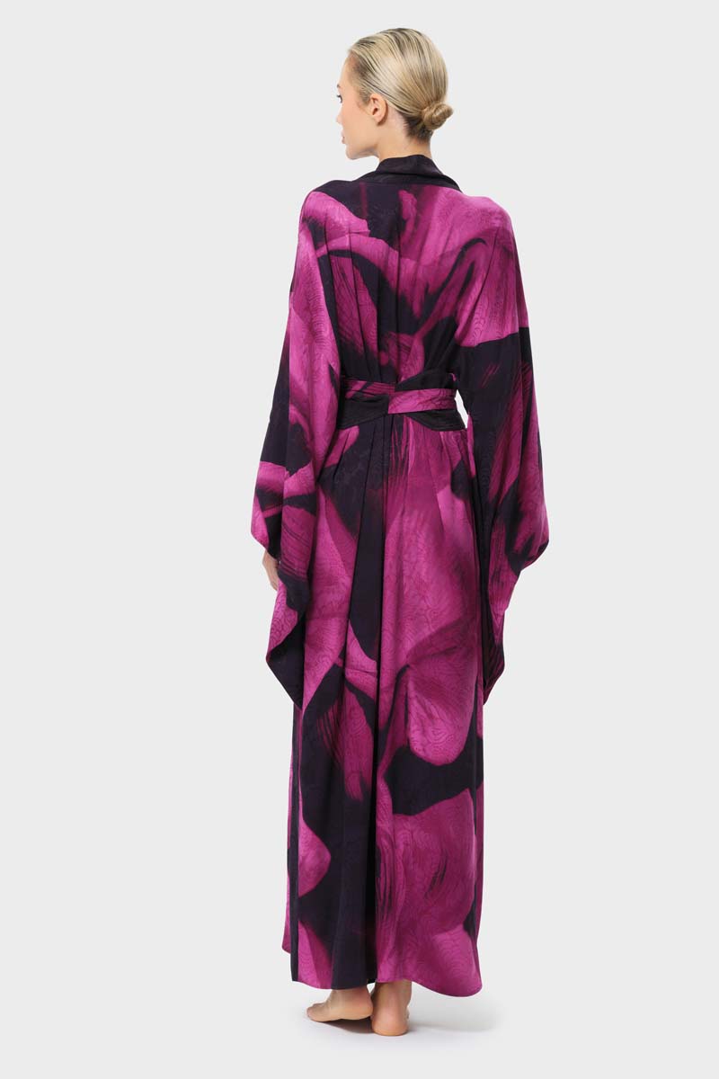 niLuu Sophia Anya oriental kimono robe, back view showcasing intricate patterns and flowing fabric in a luxurious design.