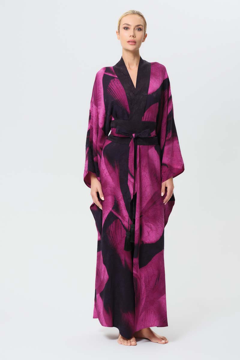 NiLuu Sophia Anya oriental kimono robe with floral patterns, flowing fabric, and wide sleeves, showcasing elegant traditional design.