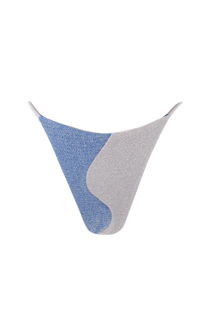 Suncillo Sophia bikini bottom in blue and silver gray with a sleek, stylish design, shown on a model.