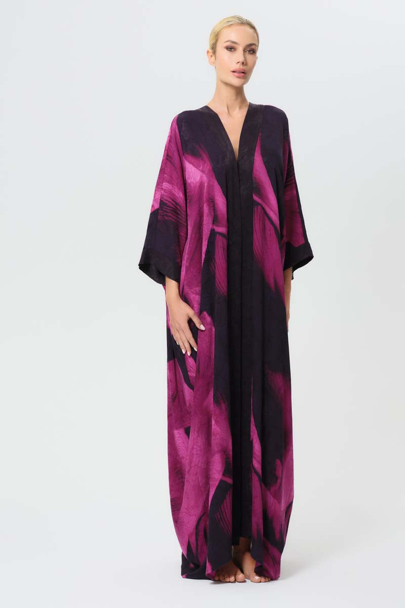 NiLuu Sophia kaftan robe with flowing fabric and intricate patterns, perfect for stylish and comfortable loungewear.
