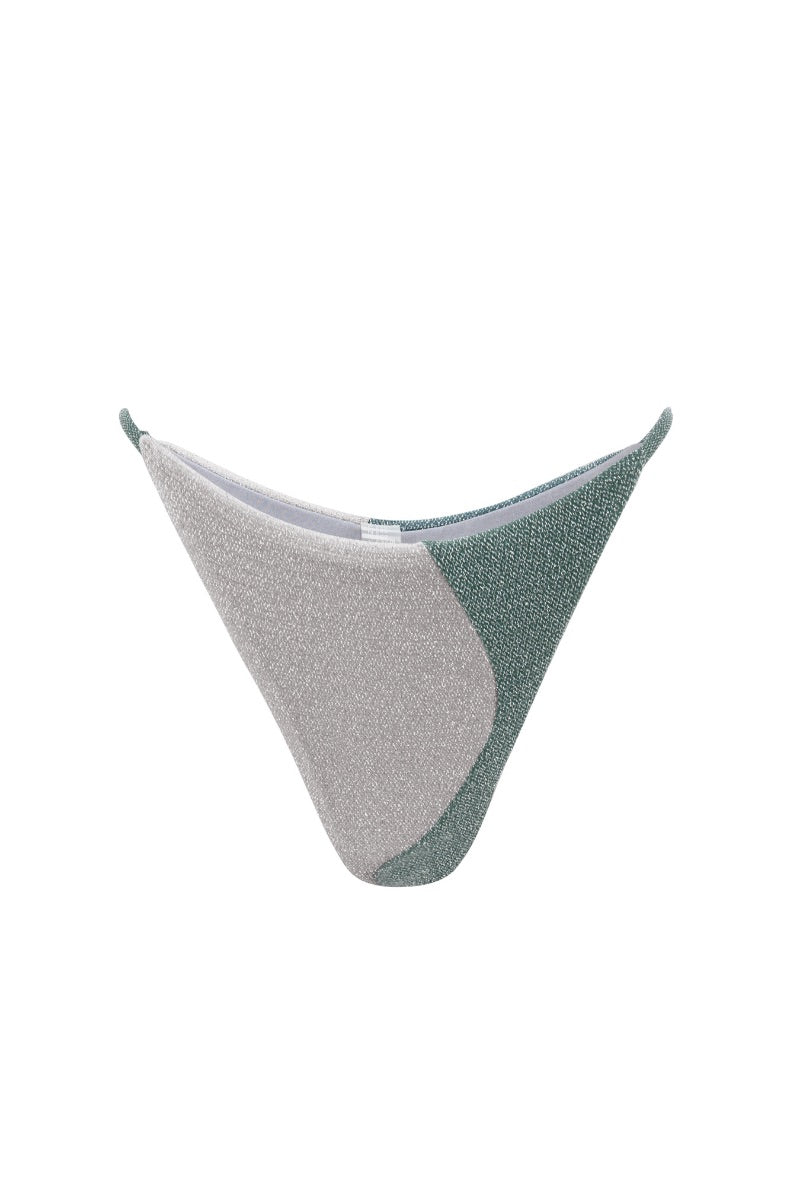Suncillo Sophia bikini bottom in green sage and silver gray with sleek, minimal design, showing front view on a neutral background.