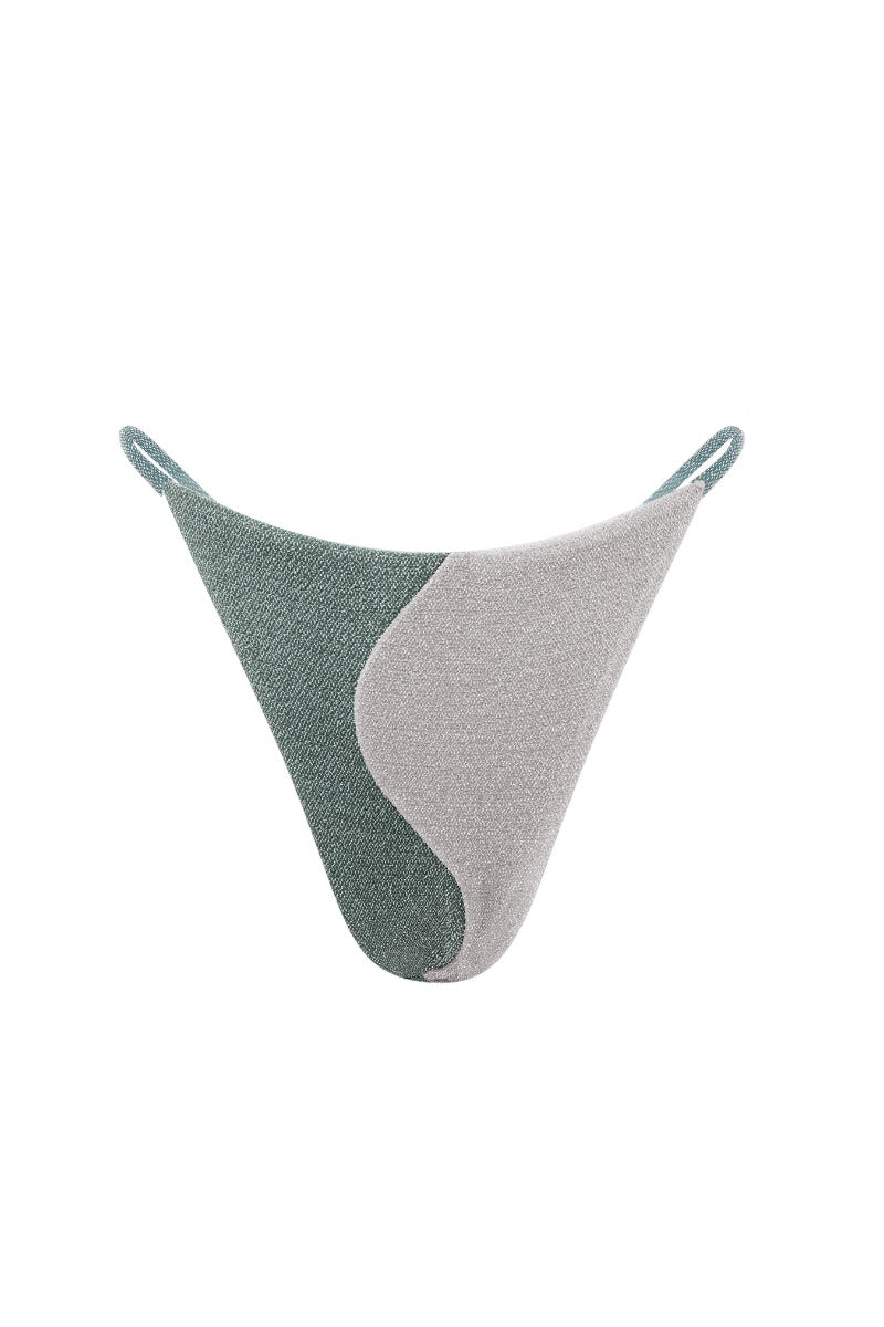 Suncillo Sophia bikini bottom in green sage and silver gray with sleek, fitted design and adjustable side ties.