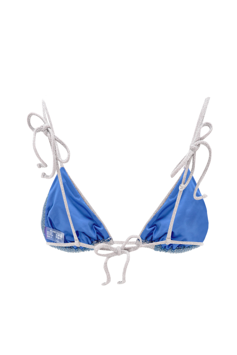 Suncillo Sophia bikini top in blue and silver gray with adjustable straps and stylish design on a white background.
