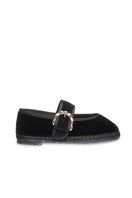 Flabelus Sophie black flats with black piping and buckle closure, stylish slip-on shoes for casual or dressy wear.