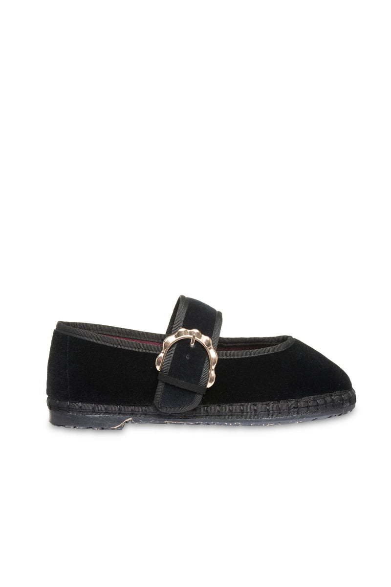 Flabelus Sophie black flats with black piping and buckle closure, stylish slip-on shoes for casual or dressy wear.