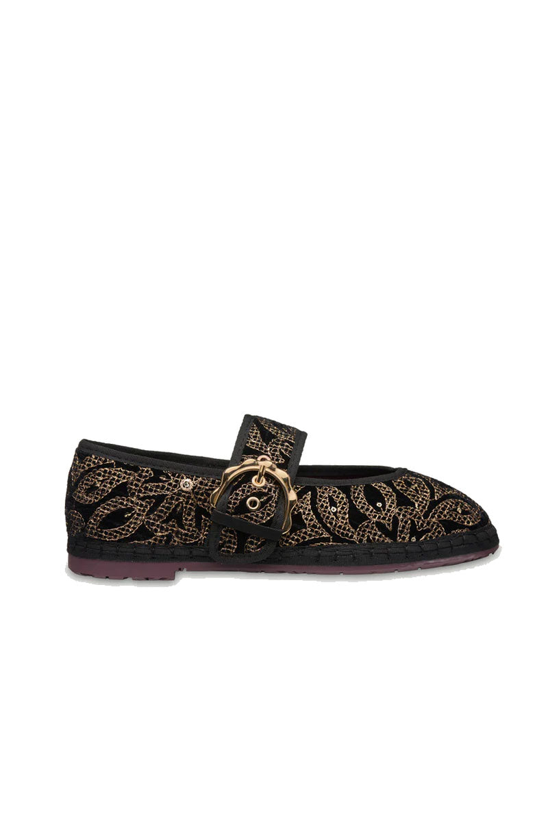 Flabelus Sophie Bloom gold flats with pointed toe and sleek design, perfect for casual or dressy occasions.