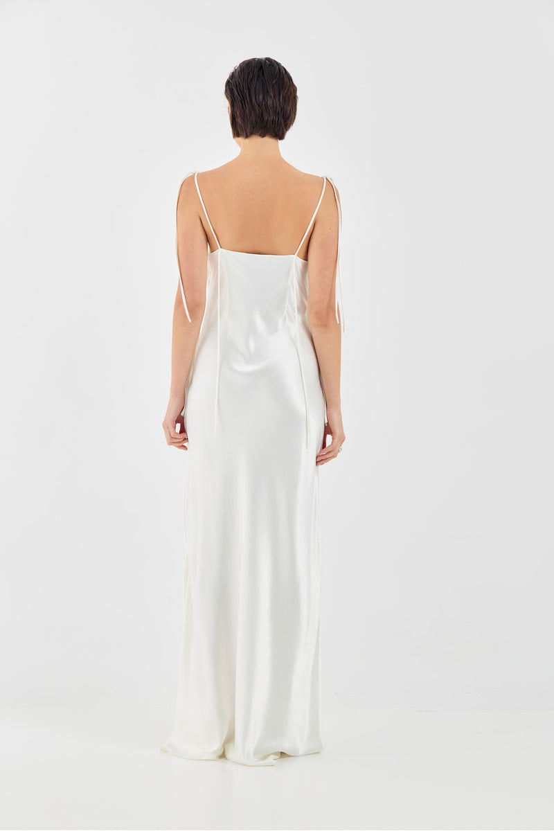 White Sophie maxi dress by Tamar Keburia, flowing fabric and elegant design, shown on a model.