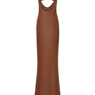 Brown spiral cowl maxi dress by Stolen Stores, showing flowing fabric and stylish design perfect for casual or dressy occasions.