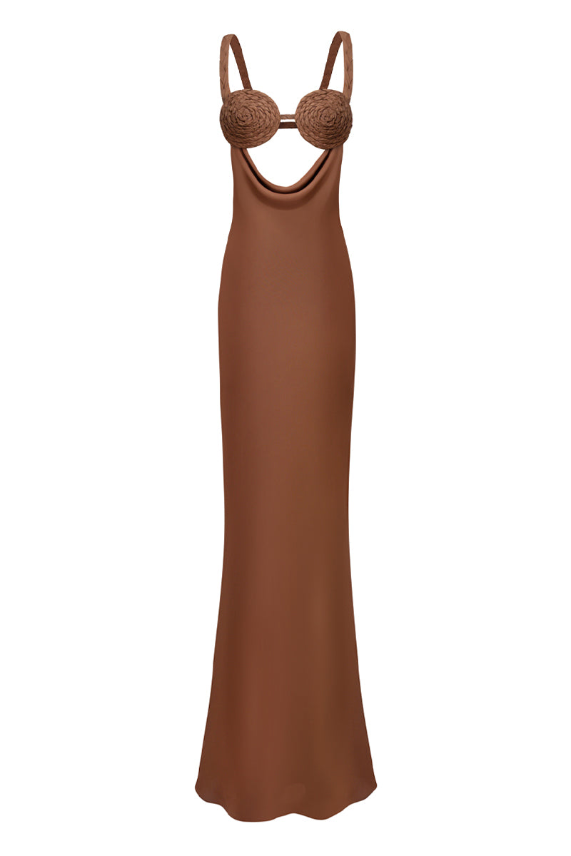 SPIRAL COWL MAXI DRESS IN BROWN