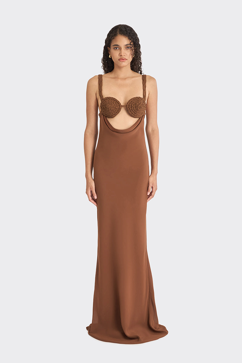SPIRAL COWL MAXI DRESS IN BROWN | CULT MIA