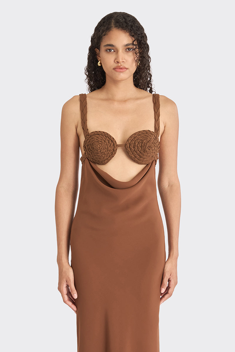 Brown spiral cowl maxi dress by Stolen Stores, featuring a flowing silhouette and stylish cowl neckline.