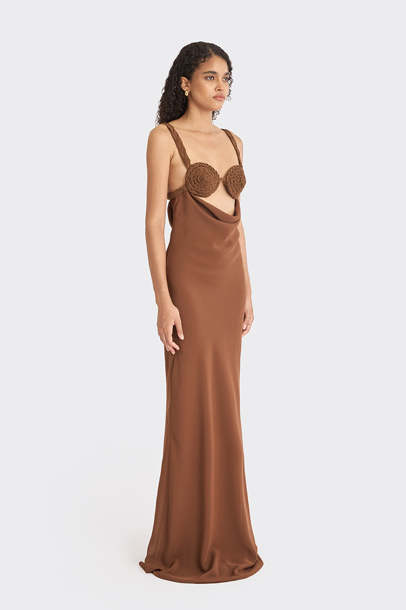 SPIRAL COWL MAXI DRESS IN BROWN | CULT MIA