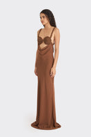 Brown spiral cowl maxi dress by Stolen Stores, featuring flowing fabric and elegant drape for a stylish, comfortable look.