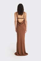 Brown spiral cowl maxi dress by Stolen Stores, featuring a flowing silhouette and stylish cowl neckline.