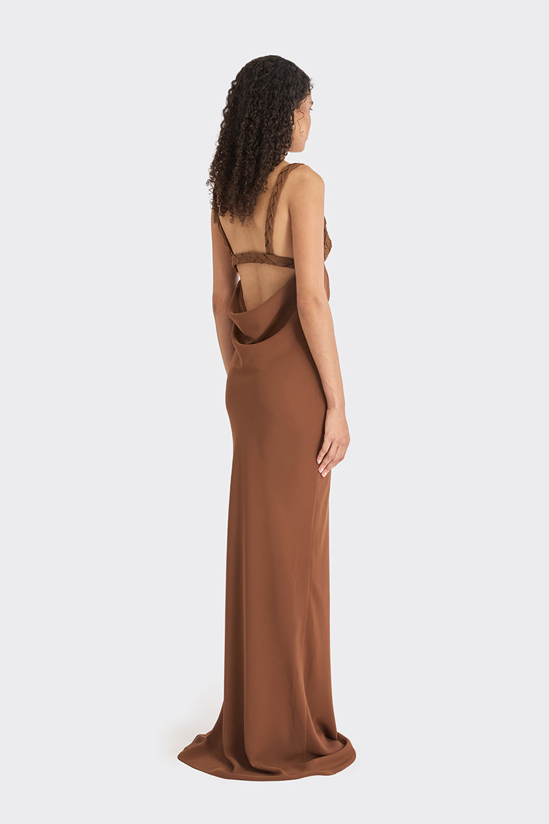 Brown spiral cowl maxi dress by Stolen Stores, featuring a flowing silhouette and elegant design, perfect for stylish occasions.