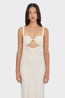Off-white spiral cowl maxi dress by Stolen Stores, featuring a flowing design and elegant cowl neckline.