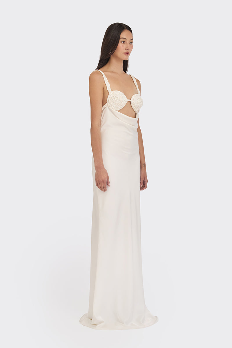 Off-white spiral cowl maxi dress by Stolen Stores, flowing design with elegant drape and soft fabric, perfect for stylish occasions.