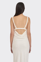 Off-white spiral cowl maxi dress from Stolen Stores, featuring a flowing design and elegant drape.