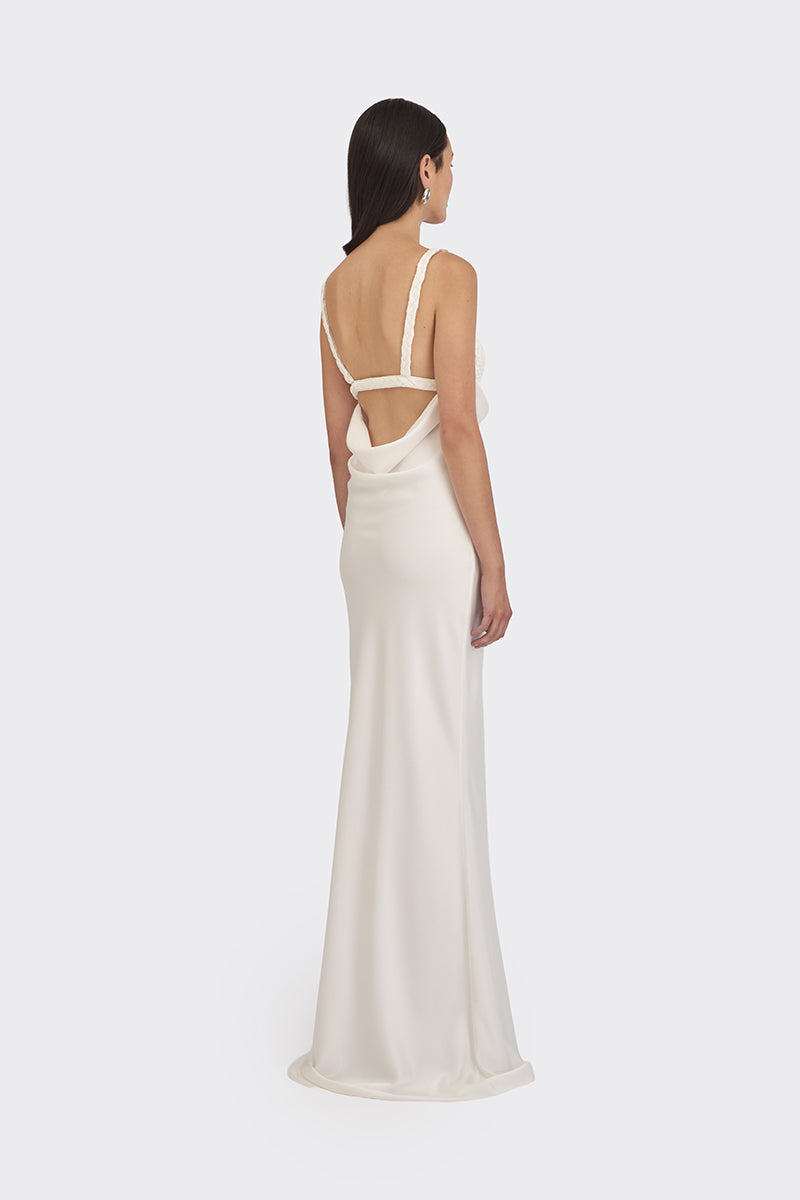 Off-white spiral cowl maxi dress by Stolen Stores, featuring a flowing silhouette and elegant design.