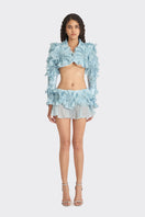 Blue lotus leaf bolero jacket by Stolen Stores, featuring a spiral leaf design and lightweight fabric for stylish layering.