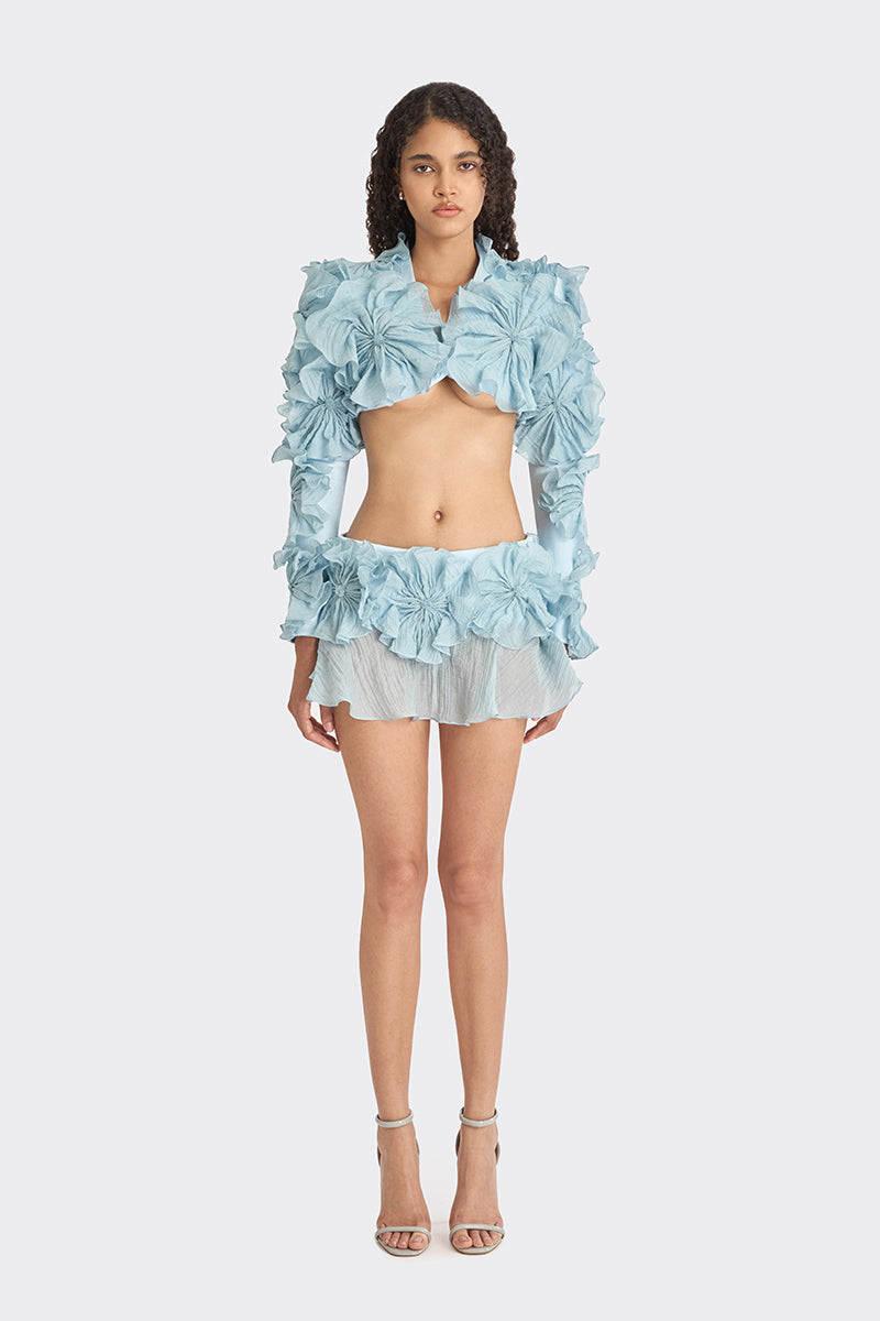 Blue lotus leaf bolero jacket by Stolen Stores, featuring a spiral leaf design and lightweight fabric for stylish layering.