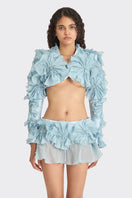 Blue lotus leaf bolero jacket by Stolen Stores, featuring a spiral leaf design and lightweight, stylish cover-up for casual wear.
