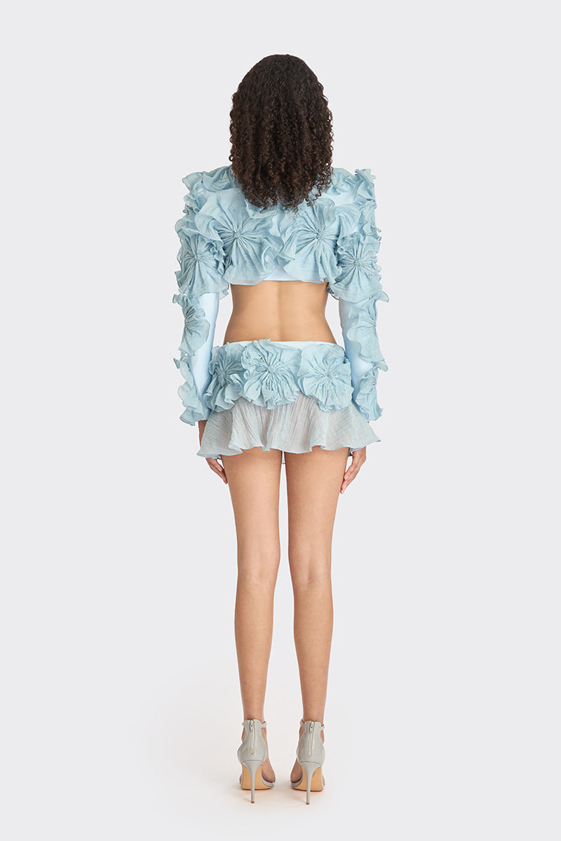 Blue lotus leaf bolero jacket by Stolen Stores, featuring spiral leaf pattern and lightweight design.
