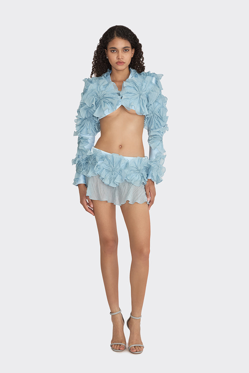Blue lotus leaf bolero jacket by Stolen Stores, featuring a spiral leaf pattern and lightweight, fashionable design.